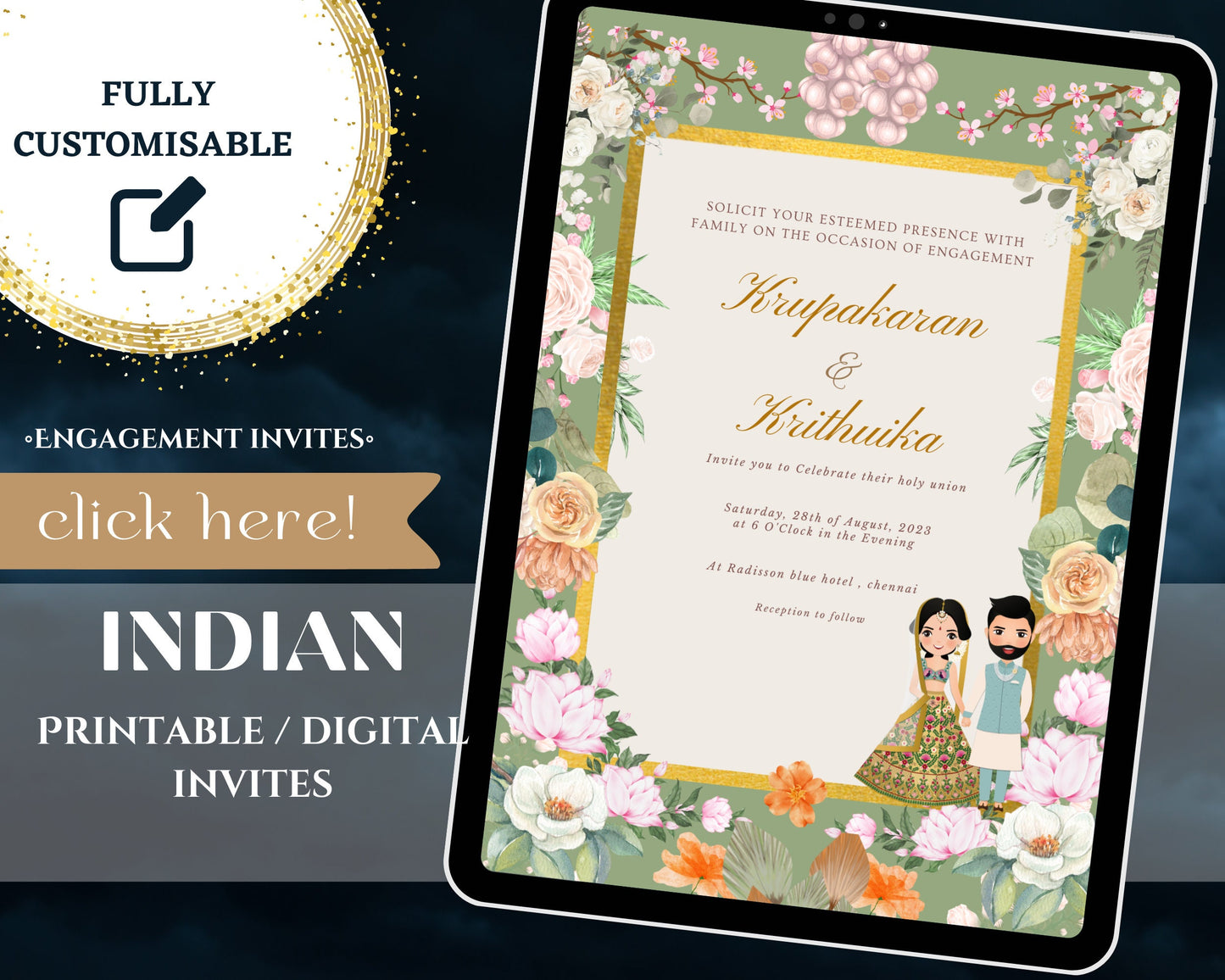 indian engagement invites & indian ring ceremony invite , nitchayathartham invite, indian wedding cards as sagai invite cards editable